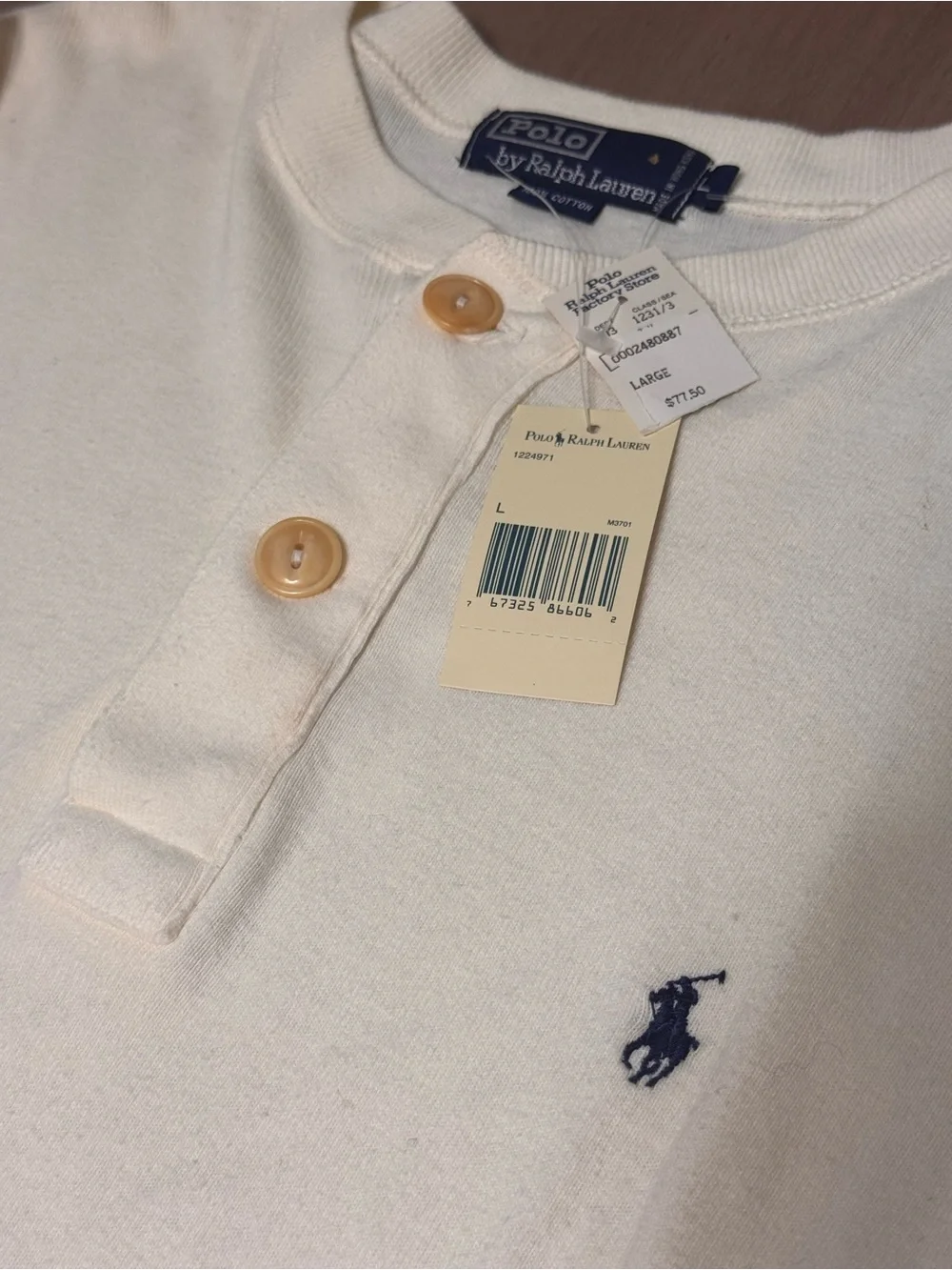 Polo Ralph Lauren NWT Mens L Henley Pullover Sweatshirt Cream Pony Cotton Preppy